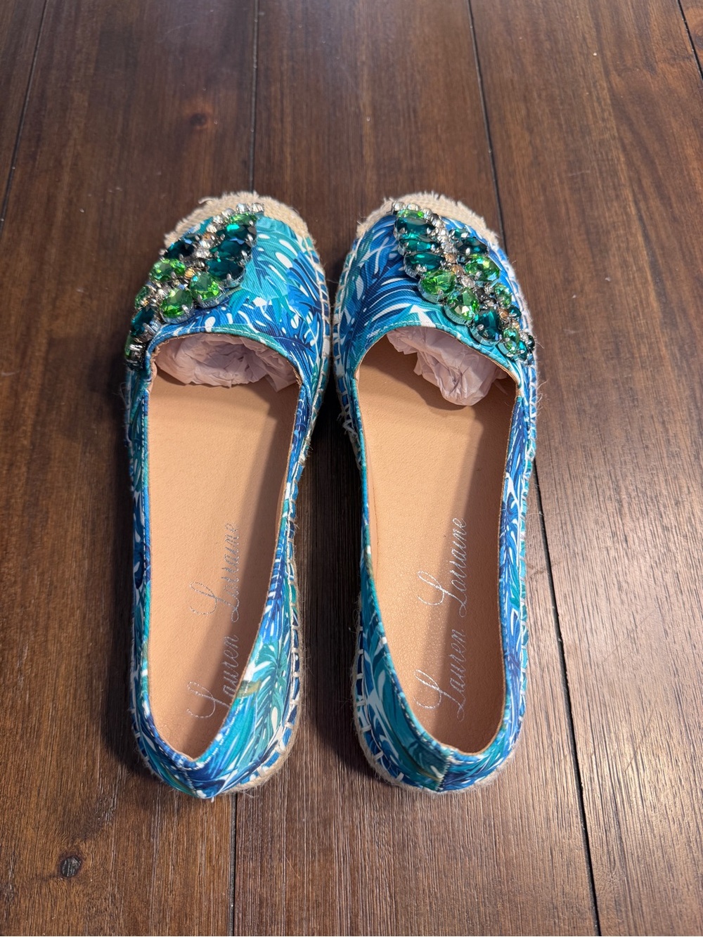 Lauren Lorraine Espadrille Flats Tropical Palm  Crystal Embellished Shoes 8 NIB - Picture 14 of 16